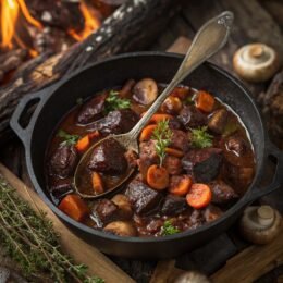 Estofado de Jabalí con Setas y Vino Tinto